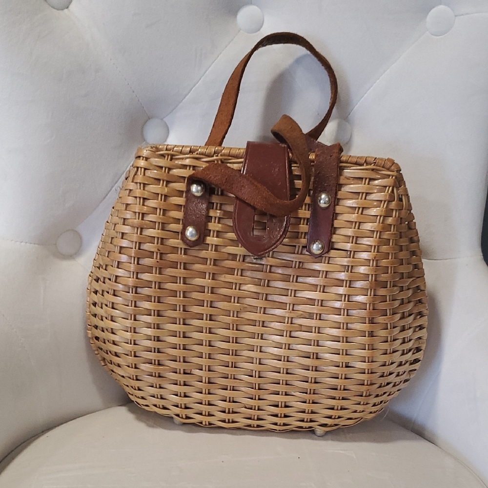 Simon Hand Made Wicker Brown Leather Top  Handle Woven Satchel Bag
